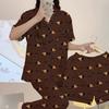 Chien au Café Printemps Été Manches Courtes Pyjama Imprimé Femme Mode Maillard Tenue d'Intérieur Ensemble Trois Pièces