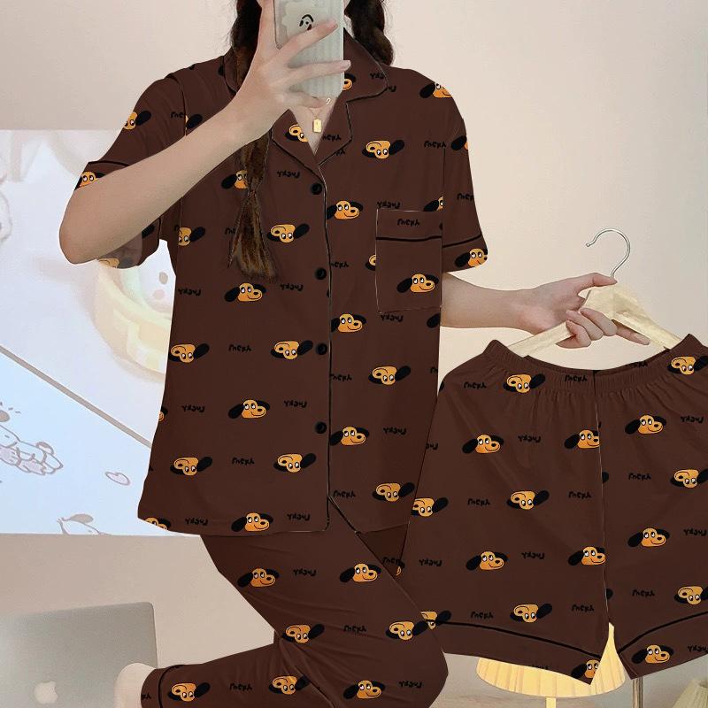 Chien au Café Printemps Été Manches Courtes Pyjama Imprimé Femme Mode Maillard Tenue d'Intérieur Ensemble Trois Pièces