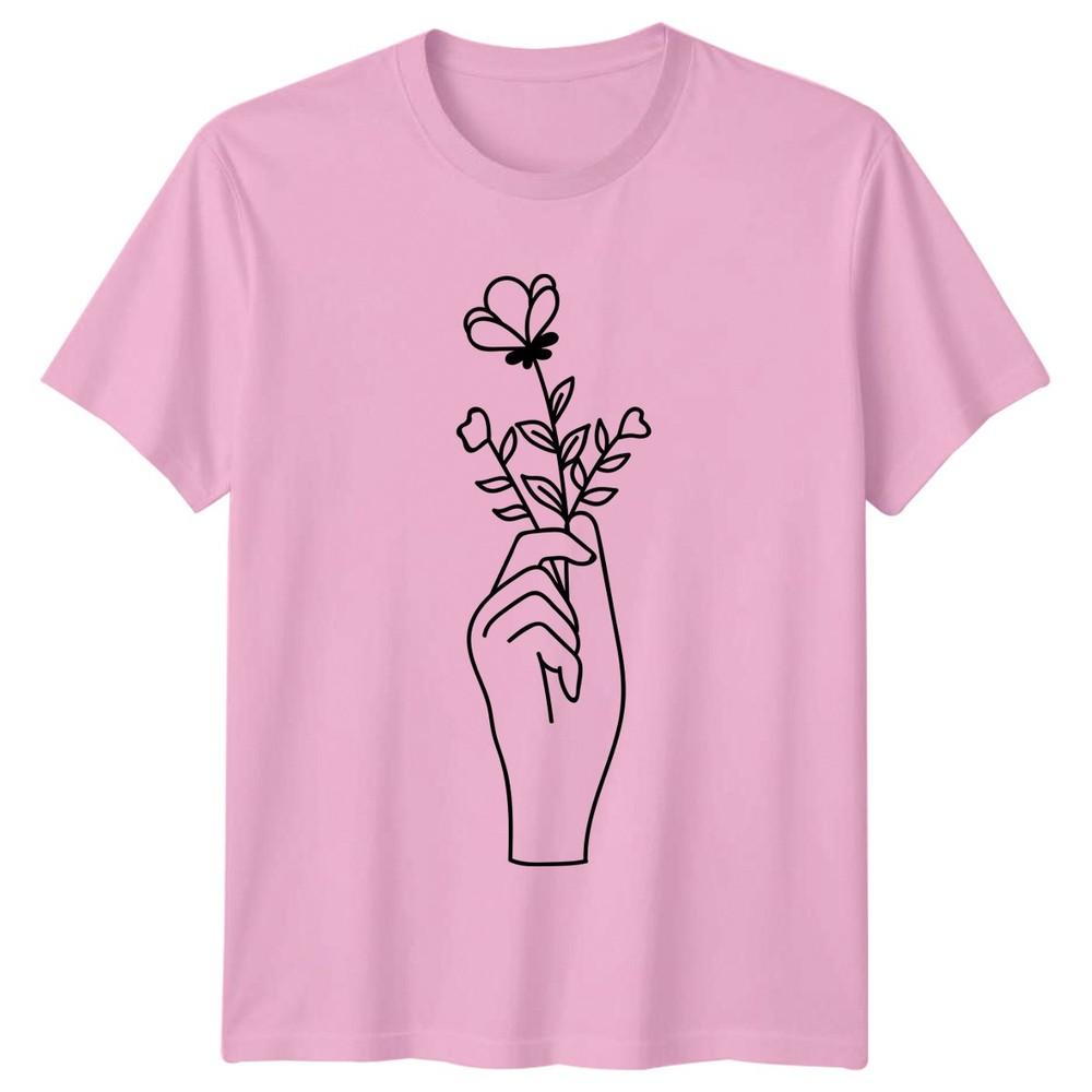 Graceful Hand Holding Flowers Unisexs TShirt Line Art Floral Birthday Gift