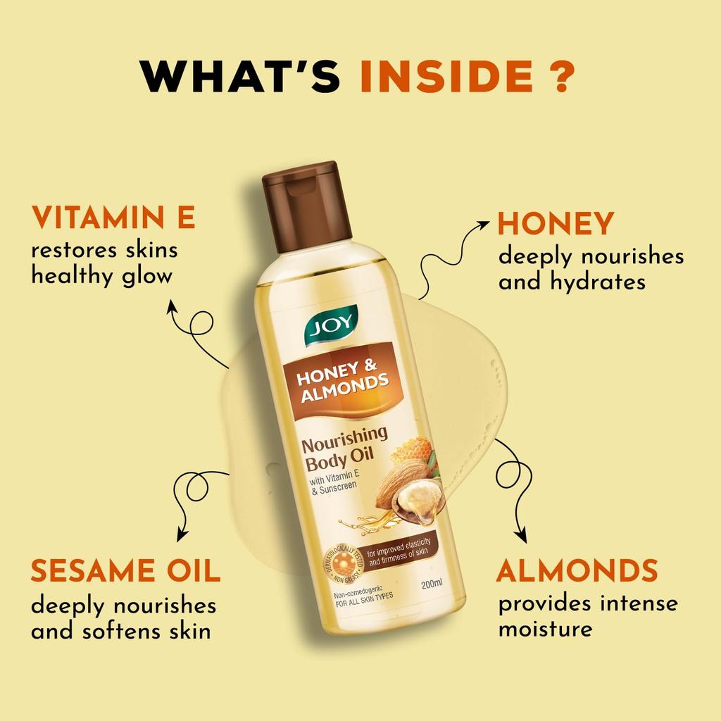 Joy Honey & Almonds Body Oil 200 ml Pack of 1 – Daily Massage Oil for Full-Body Moisture & Summer Skin Relaxation