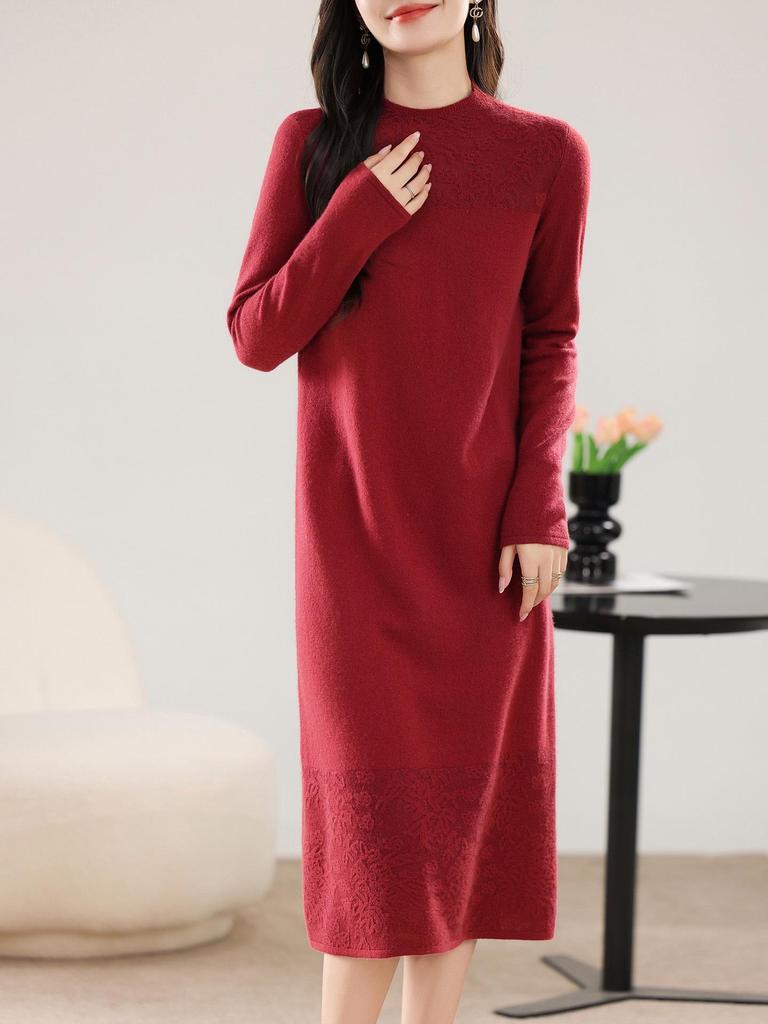 Women's Pure Color Long Wool Knit Dress with Hollow Details