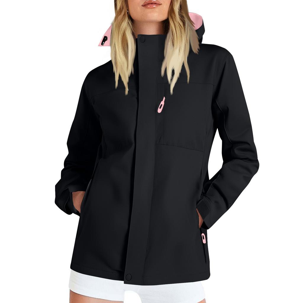 Women Solid Stripe Rain Jacket Outdoor Plus Waterproof Hooded Raincoat Windproof
