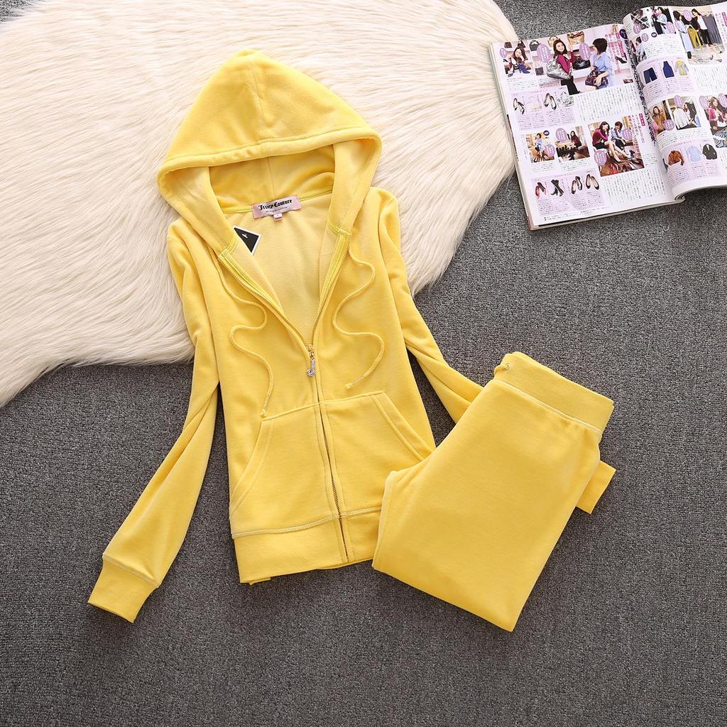 European Spring/Autumn JC Fashion Gold Velvet Women's Sportswear Set with Hotfix Letter Details