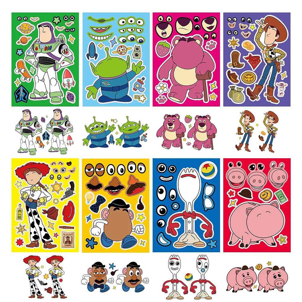 8/16sheets Funny Anime Puzzle Stickers Cartoon Buzz Lightyear Woody Make a Face DIY Assemble Jigsaw Decals Toys