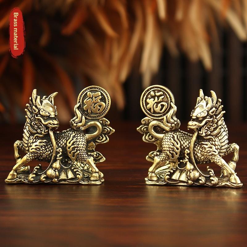 2Pcs/Set Brass Fu Character Kirin Small Ornament Home Office Copperware Tea Pet Decoration
