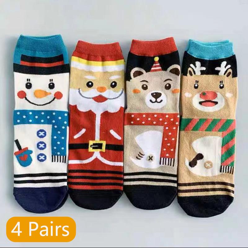 4 Pairs Cartoon Socks Red Socks Women Men Winter Animal Socks Elk Snowman Santa Claus Candy Bar Funny New Year Christmas Socks