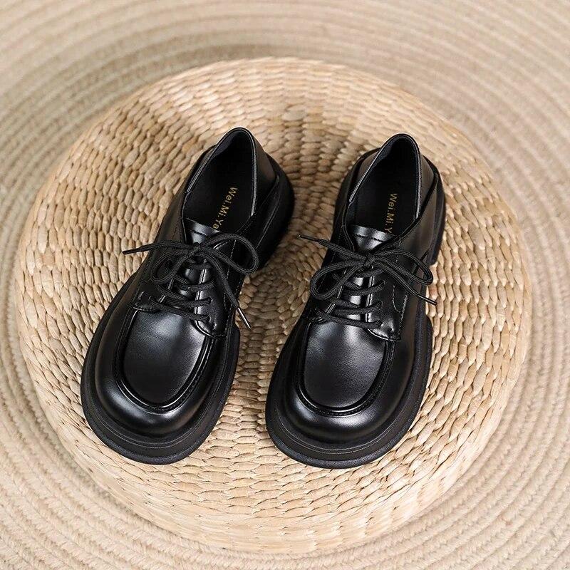 Classic Pumps for Women Lace Up Hoof Mid Heels Round Toe Oxford Shoes Woman Solid Leather Platform Shoes Pumps