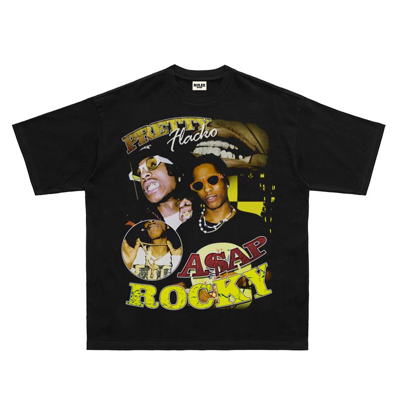 ASAP Rocky Rap Rocky Hip Hop T-shirt American Rap Short Sleeve Straight Print Loose Small Neckline Tee High Quality