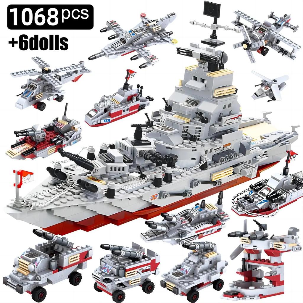 6 in 1 Navy Warship Building Blocks, 1560PCS Military Army Ship Model Set, Educational Construction Toy Gift for Boys Kids