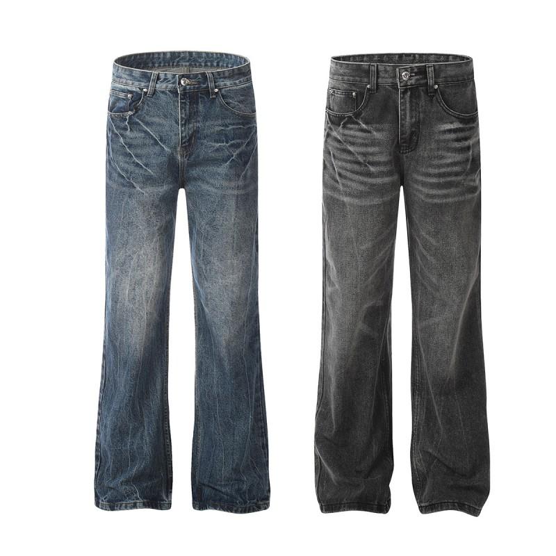 Mens Retro Washed Denim Jeans Straight Fit With Distressed Lightning Crack Detail Casual Slim Flare Trousers