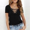 T-Shirt V-neck Cross Women Summer Short Sleeve Tops Hollow Out Top