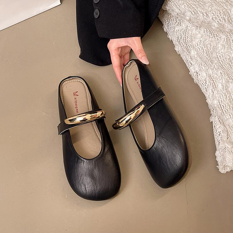 French bag head half drag single shoes women's 2025 spring and summer new metal buckle flat bottom one pedal lazy Mary Jane sandals