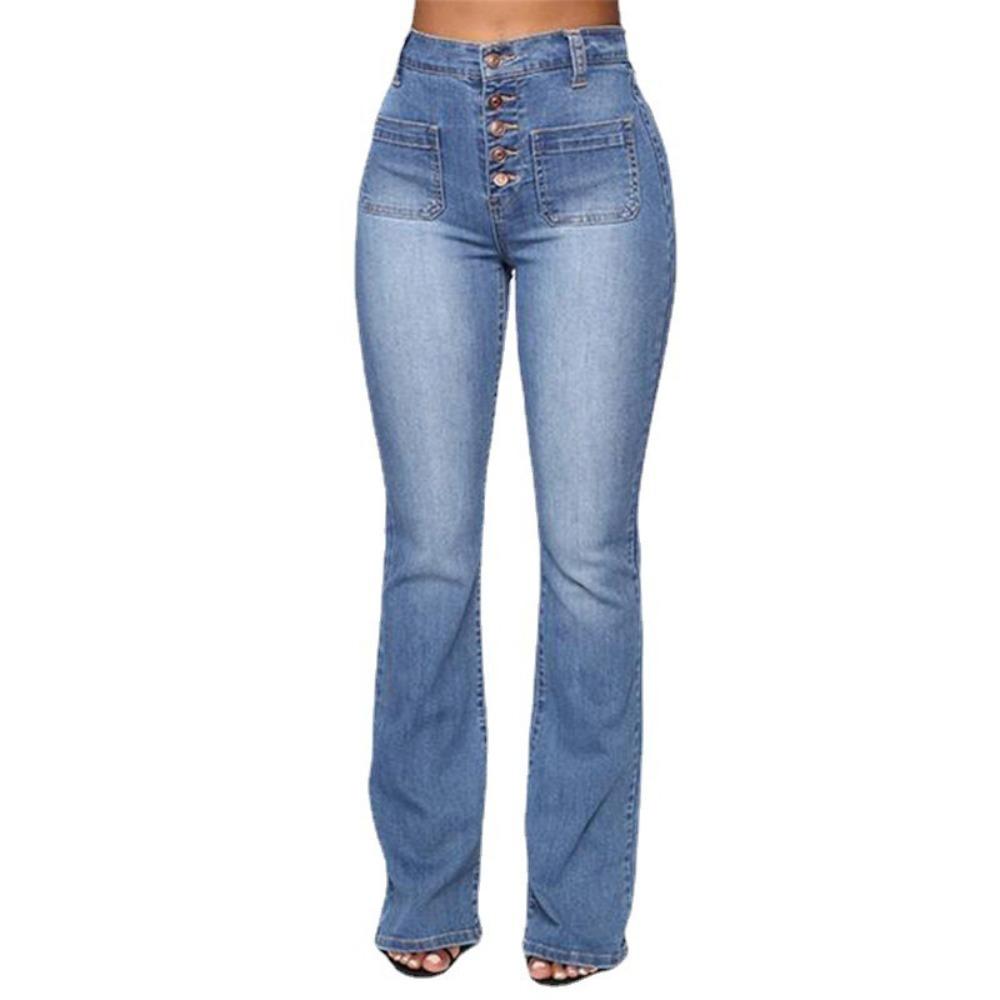 Women's High Waist Flare Jeans Slim Fit Multi Button Front Pocket High Stretch Washed Long Denim Trousers