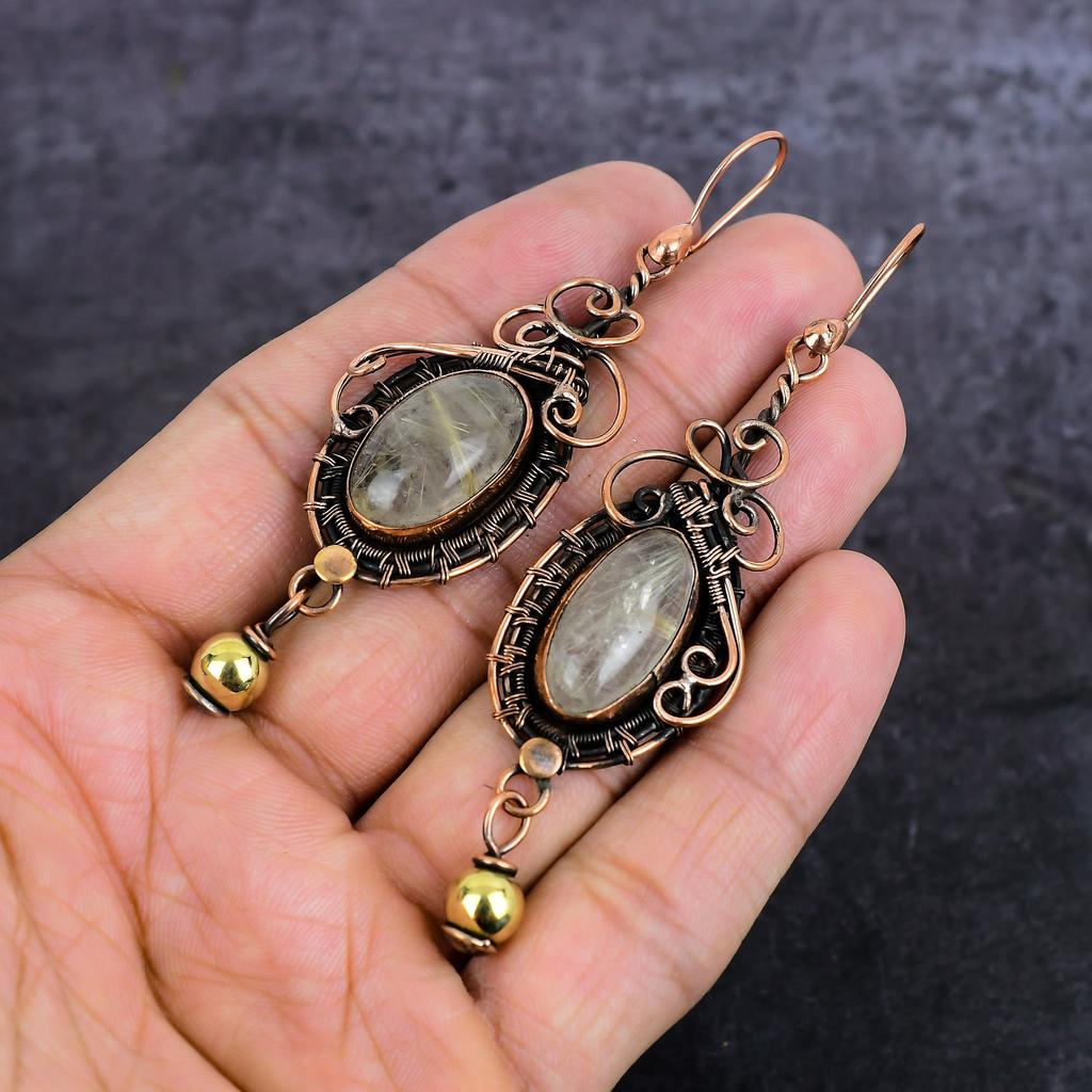 Natural Golden Rutile Gemstone Copper Wire Wrap Jewelry Earring 3.35" R3g82