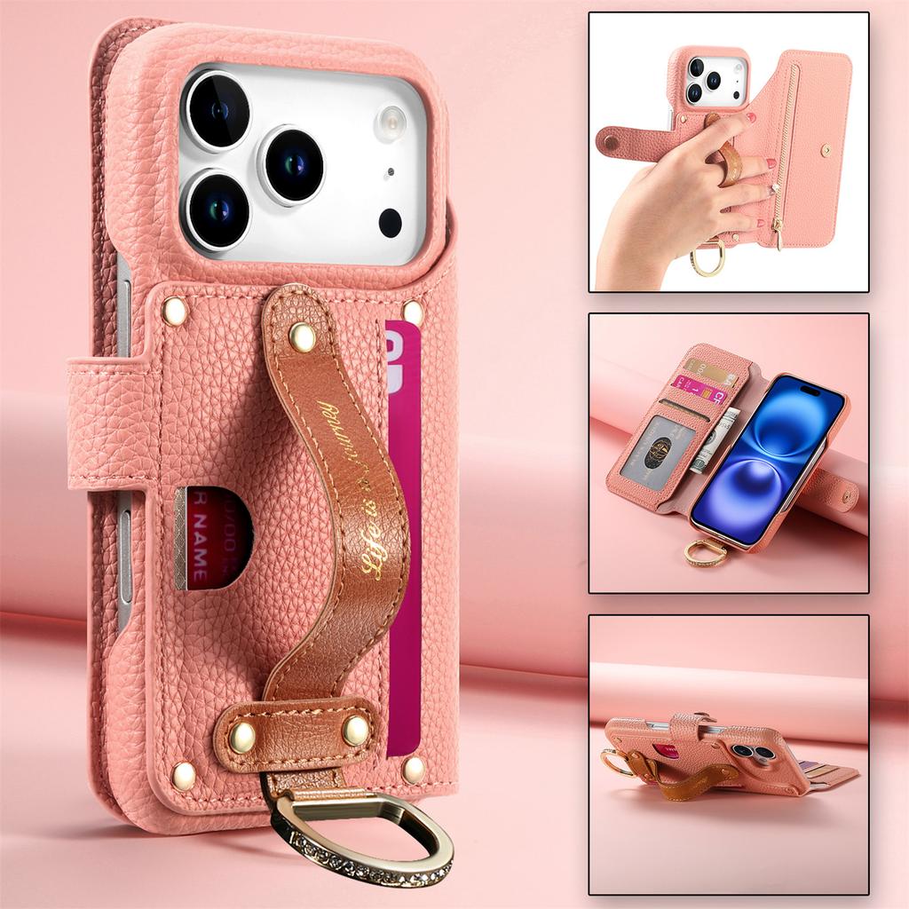 Luxury Zipper Cards Solt Wristband Wallet Leather Ring Holder Case For iPhone 17 Pro Max 16 Plus 15 14 13 12 Kickstand Bag Cover