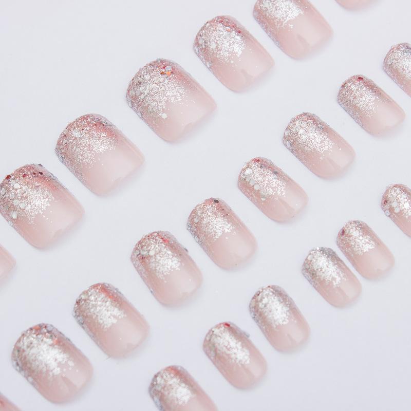24pcs Flesh-colored Nail Plate Silver Head Square Short Imitation Nail French Fake Nail Tips