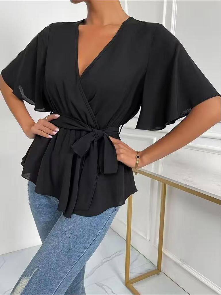 European & American Hot Selling Solid Color Elastic Waist Flare Sleeve Women's Summer Top