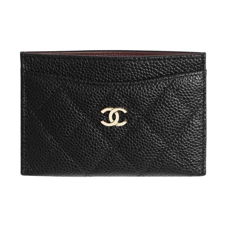 Chanel Elmas Izgara Altın Düğmeli Çift Taraflı Yuvalı Boncuklu Balık Ağı Deri Cüzdan Kartlık Unisex Çift Versiyonu Siyah