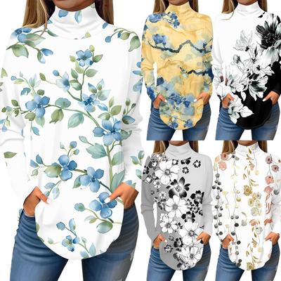 Women's Fashionable Casual High Neck Printed Long Sleeve T-Shirt Pullover Top