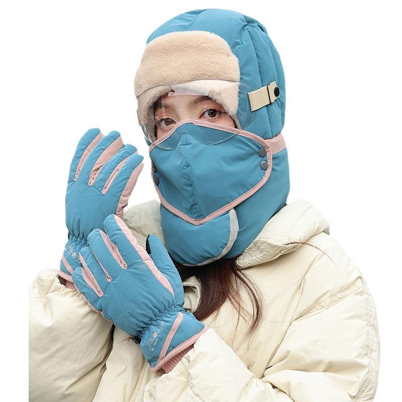 Multifunctional thickened warm child women's winter gloves scarf mask integrated hat outdoor riding electric car
