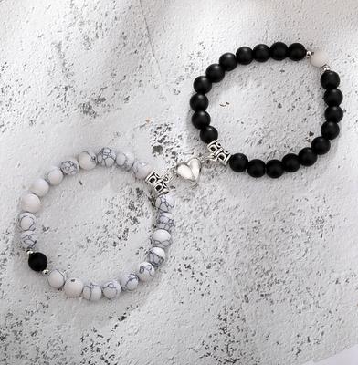 Bracelet Couple avec Fermoir Magnétique en Forme de Cœur et Perles Turquoises