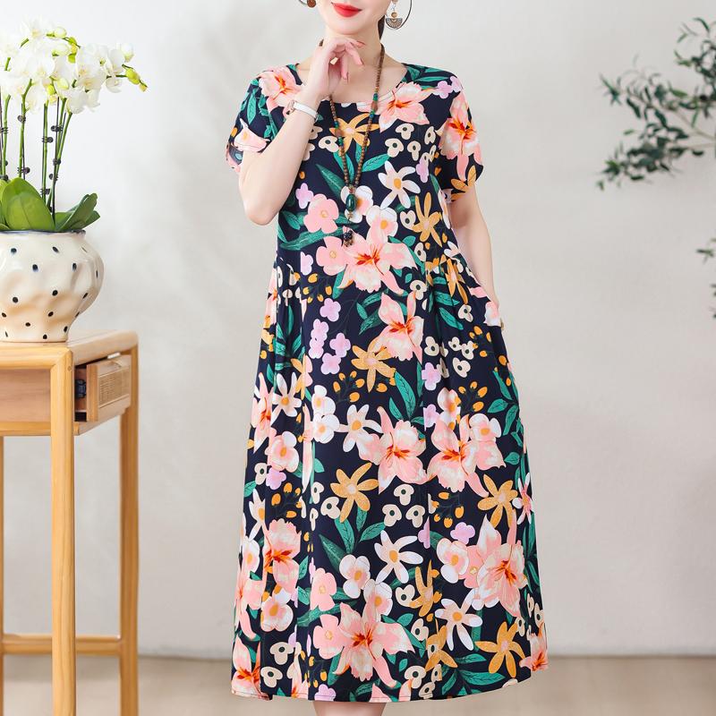 Übergröße Elegante Damenkleider Sommer Vintage Kleidung Kurzarm Lässiges Langes Kleid