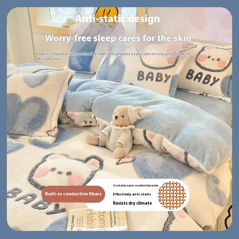 Zimní Mléčný Korálový Fleecový Postelový Čtyřdílný Set Plyšový Povlak na Přikrývku Prostěradlo Povlaky na Polštáře Set