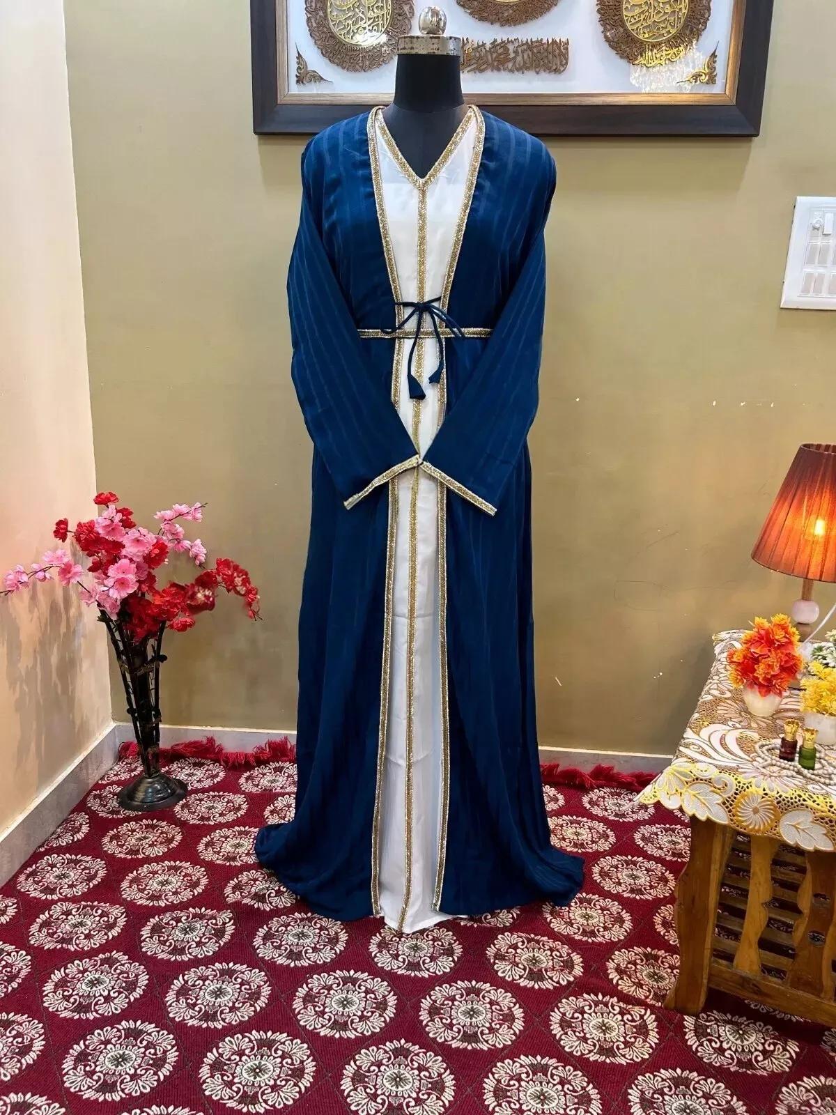 

Фараша Кафтан Платье Абая Стильное длинное марокканское платье ручной работы Исламский Дубай FREE SIZE белый/синий