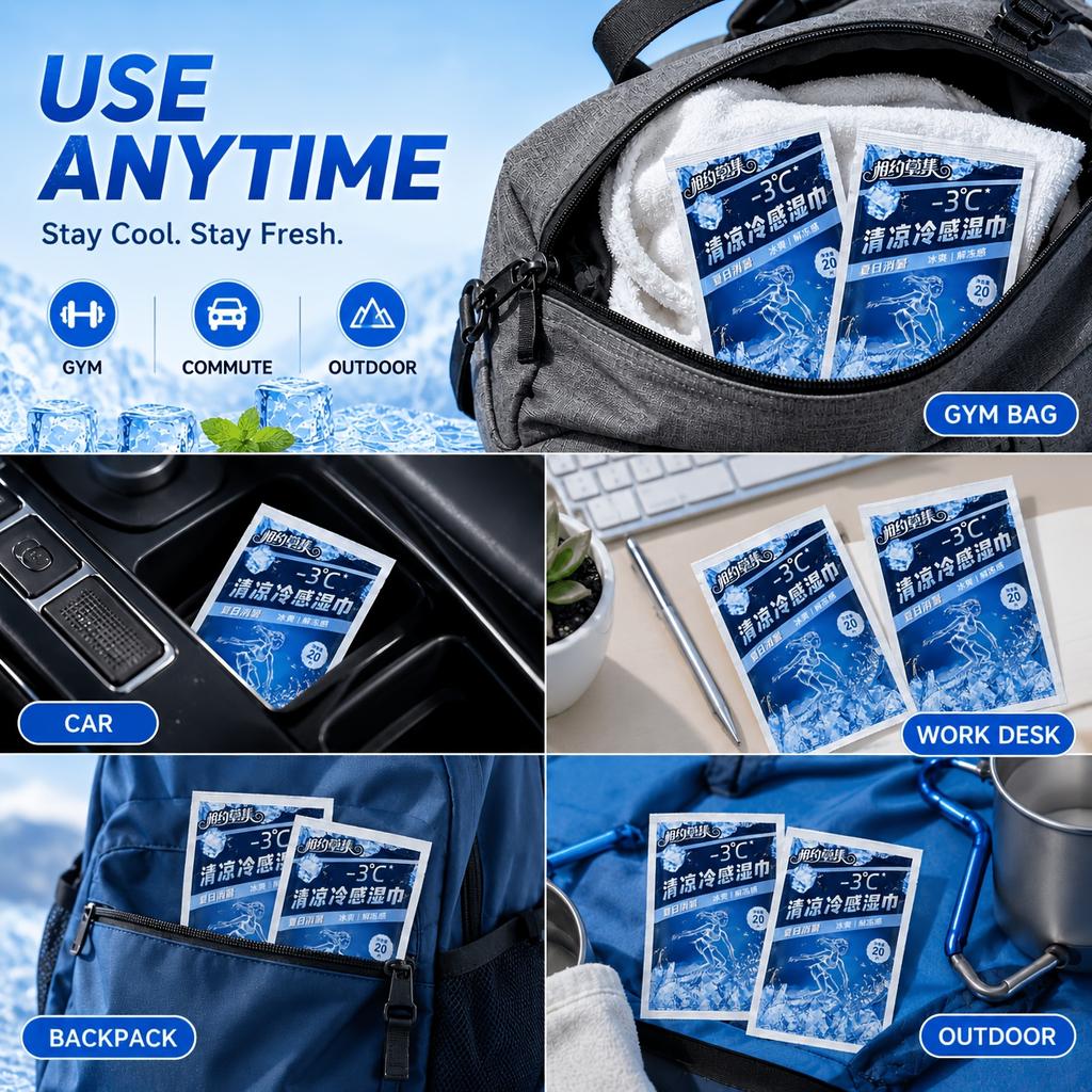 20Pcs Icy Cooling Body Wet Wipes Mint Refreshing Sweat Removal Cleansing Ice Wipes for Summer Heat Ice Cooler