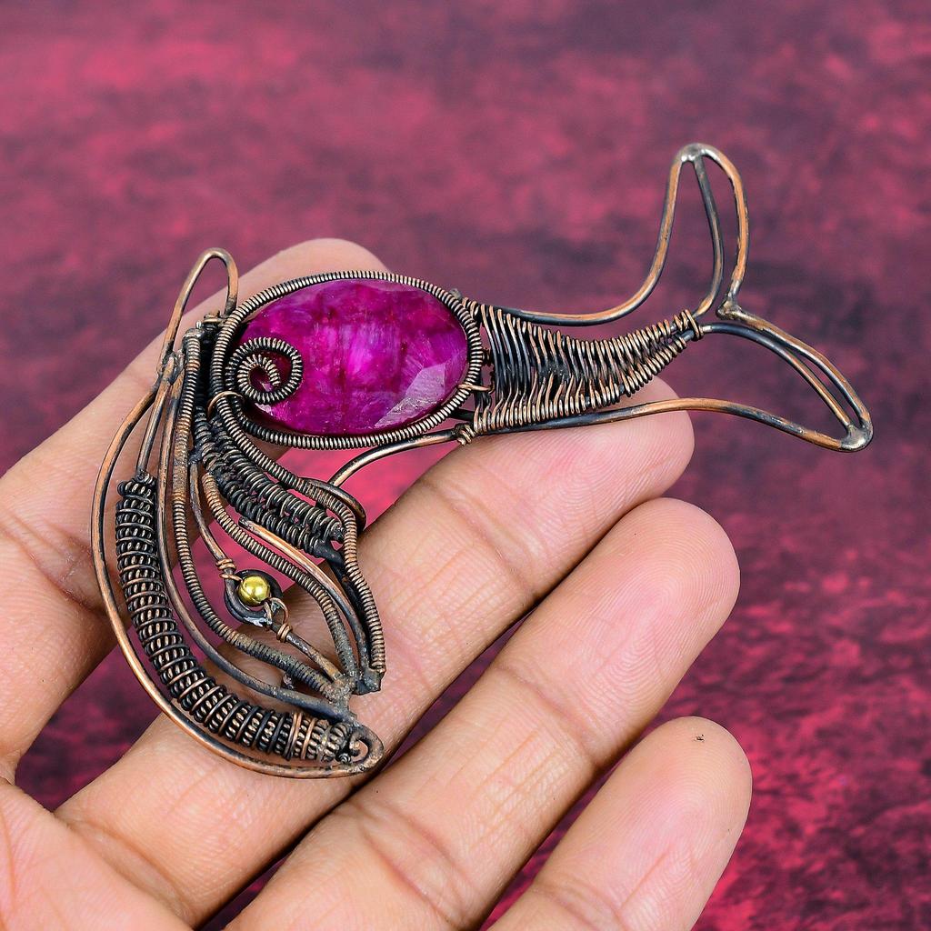 Faceted Kashmir Ruby Pendant Fish Pendant Copper Wire Wrapped Gemstone Jewelry