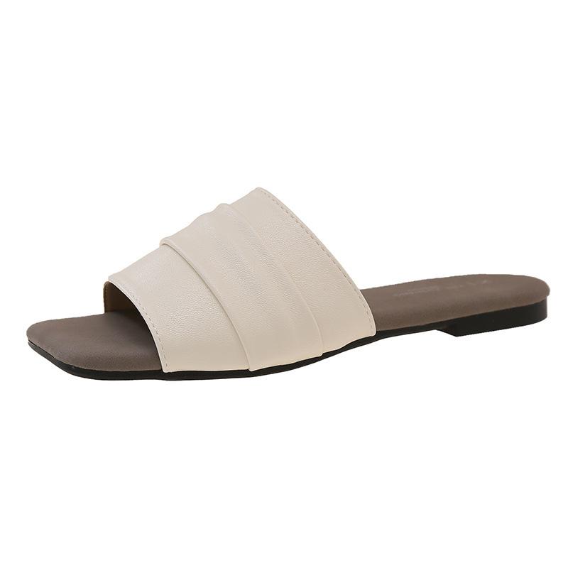 

Vintage flat bottom one-word drag woman s head open toe pleated fashion cool slippers outer wear seaside vacation beach shoes 35 белый