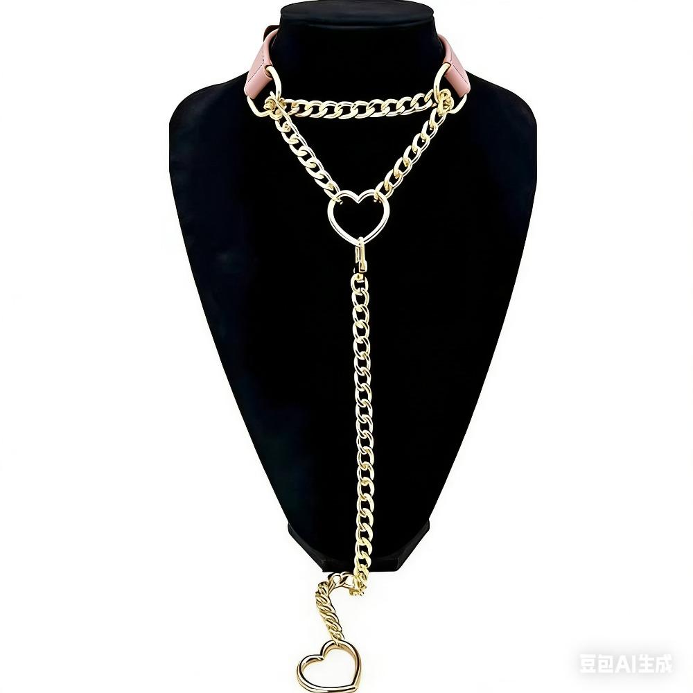 Europäische und amerikanische Persönlichkeit PU-Leder Liebeskreis O Kragen Halskette Punk Kette Herzschloss Anhänger Nackenband Schlüsselbeinkette