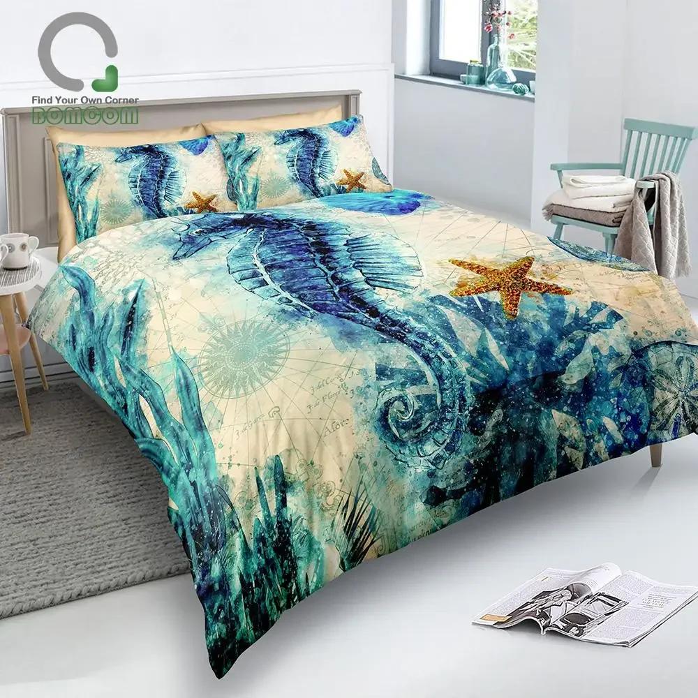 Ocean Animal Duvet Cover Set Coral Marine Life Home Textile Sea Urchin Soft Quilt Cover Cute Seahorse King Size Bedding