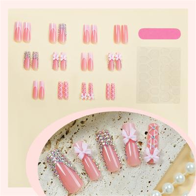 24Pieces Elegant Pink French 3D Bows Rhinestones Charm Press On Nail Long Square Stick On Artificial Faux Nail for Women