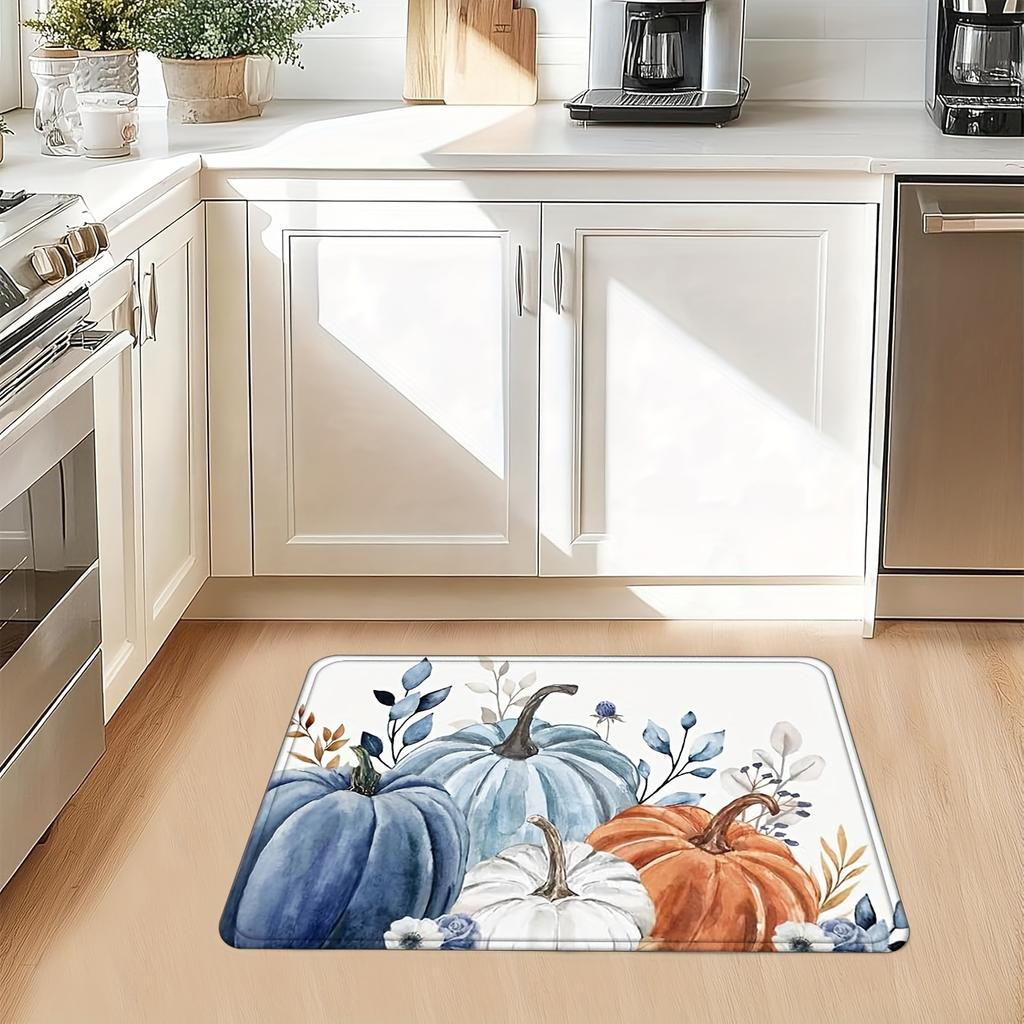 1Pcs Anti Fatigue Kitchen Rugs Blue Pumpkin Print Waterproof Non Slip Thick Cushioned Kitchen Mat Heavy Duty Comfort Standing