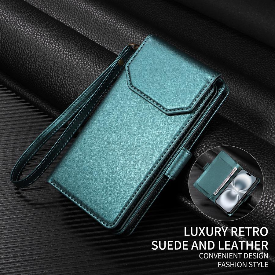 

Многофункциональный двухслойный чехол-кошелек с 11 отделениями для карт и 2 карманами для наличных для iPhone/Samsung/Google, чехол-книжка из искусственной кожи с ремешком на запястье и подставкой Samsung A36 5G темно-зеленого