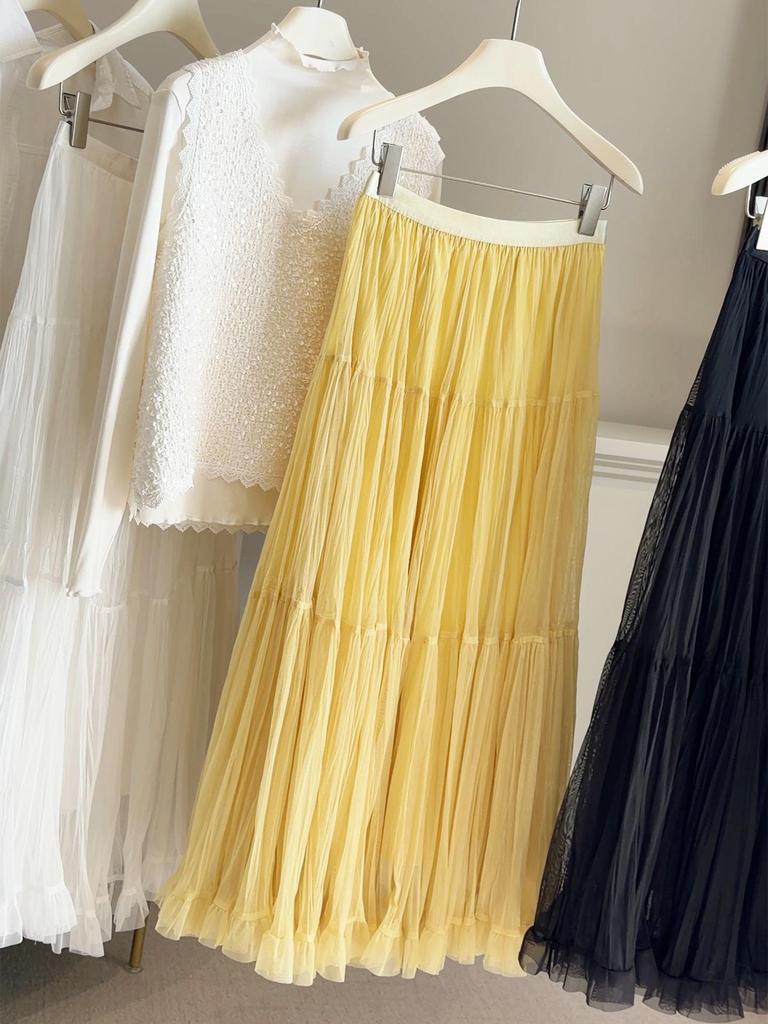 Women's 2026 Spring High-Waisted Ruffled A-Line Mesh Skirt
