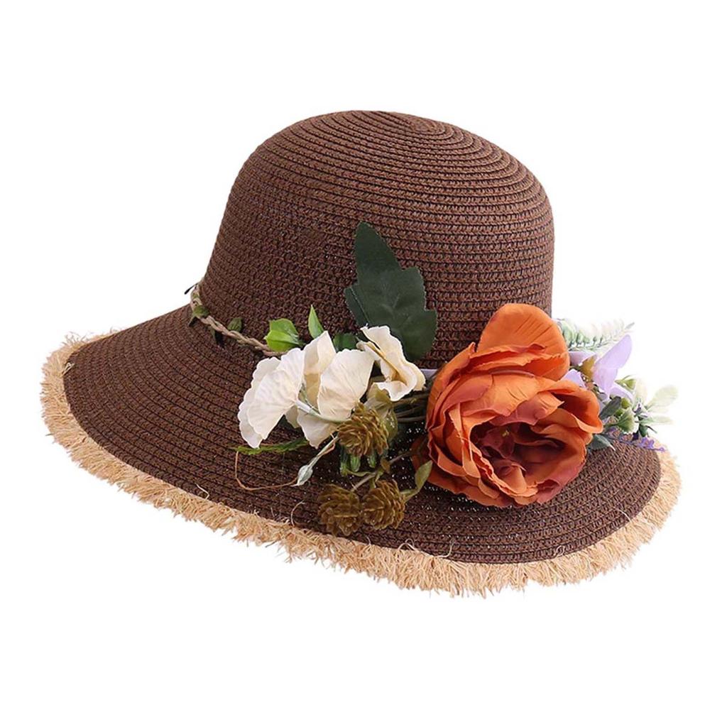 Artificial Flowers Wide Brim Straw Hat Women Stylish Foldable Sun Hat Lightweight UV Protection Summer Beach Caps for Outdoor