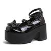Fashion 9CM Waterproof High Heels Punk Sweet Cool Original Gothic Asian Culture Ladies Chunky Heels Bow Black Leather Paltform Shoes
