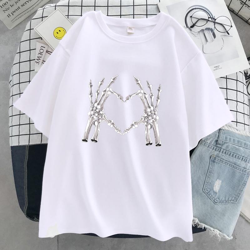 Skelettfinger Vergleichen Mit Dem Herz-Print Damen T-Shirt Street Casual T-Shirt Übergroße Weiche T-Shirts Baumwolle Atmungsaktive T-Shirts