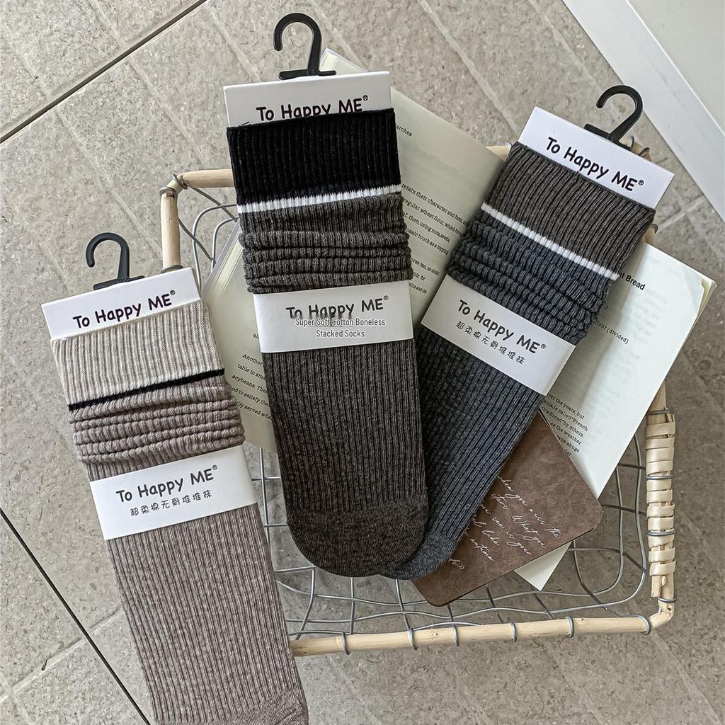 Autumn/Winter Women's Cotton Stacked Color Block Socks - Sweat-Absorbing, Versatile Korean Mid-Calf Socks