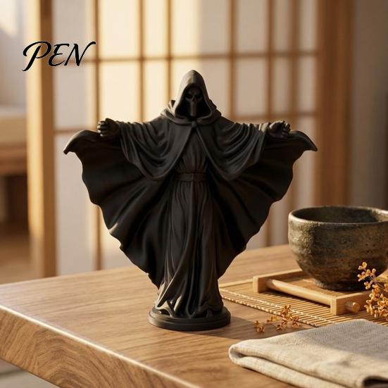 Durable Matte Black Decor 3D Printed Skeleton Figurine with Cloak, Gothic Statue, Spooky Tabletop Mysterious Character Sculpture Robe, Faceless