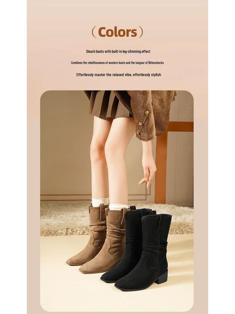 Martin Suede Petite Women's Hidden Heel Slouch Boots - New for Autumn/Winter 2025, High Heel Mid-Calf Short Boots