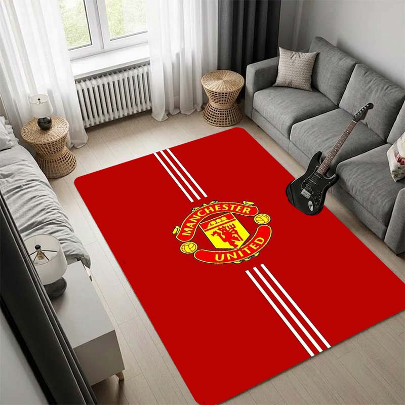 Manchester United Logo Area Rug, Red Base White Stripe Team Crest Print Non Slip Floor Rug for Football Fan Bedroom Living Room Decor