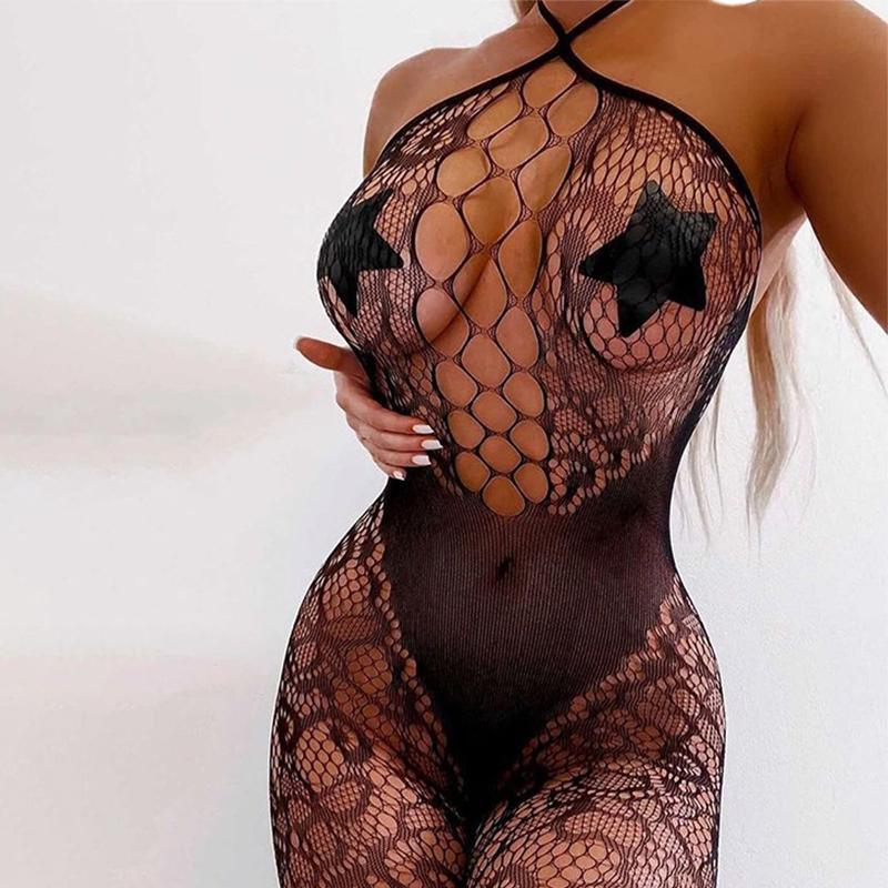 Erotic Lingerie Women Black Crotchless Tight Bodystocking Sexy Backless Hang Neck Pantyhose Floral Mesh Hollow Long Tights