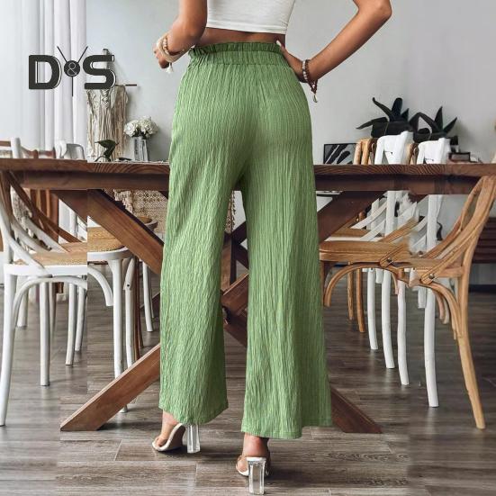 Women Summer Pants Elastic High Waist Casual Trousers with Pockets Solid Color Wrinkles Loose Fit Pants