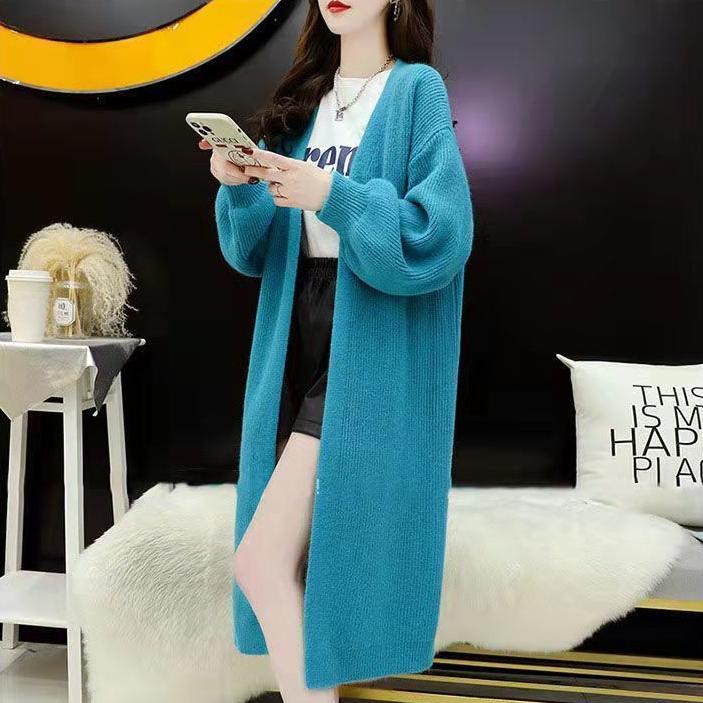 Mid-length Cardigan Sweater for Women's Autumn and Winter Wear Loose Large-sized Cardigan Long-sleeved Solid Color Knitted Coat