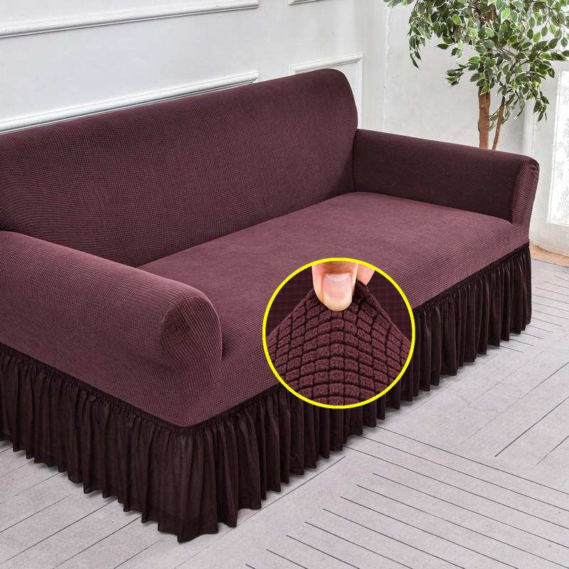 Elastischer Jacquard Sofabezug mit Schürze, Monochrom, Dick, Wohnzimmer, 1-Sitzer, 2-Sitzer, 3-Sitzer, 4-Sitzer