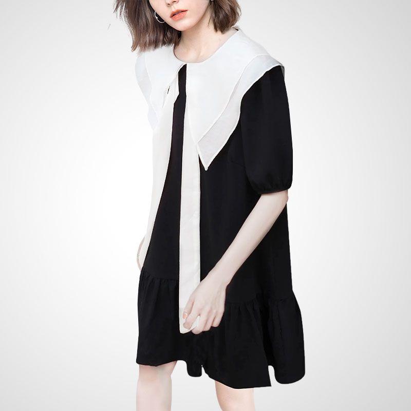 

Летнее модное платье стильного кроя с контрастным воротником-куклой Black- 2XL