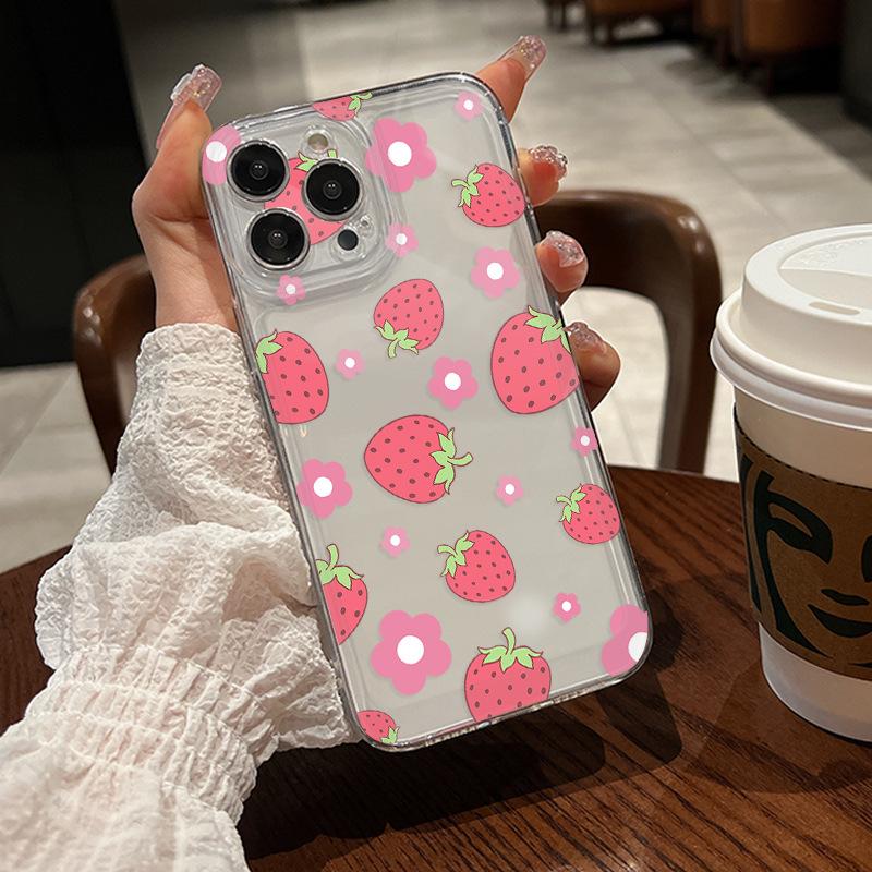Foreign Trade Mobile Phone Case Ultra-thin, Sweet Strawberry Transparent Soft Case iPhone17 Anti-drop All-inclusive Apple 15promax